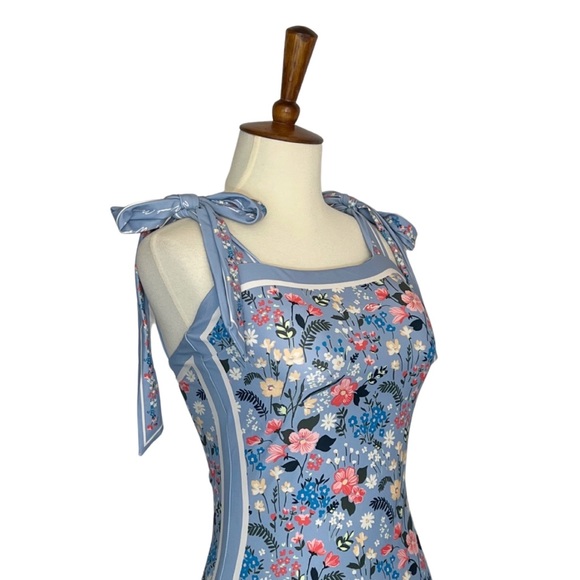 Retro Blue and White Floral Reversible Swimsuit with Shoulder Ties - Picture 9 of 16